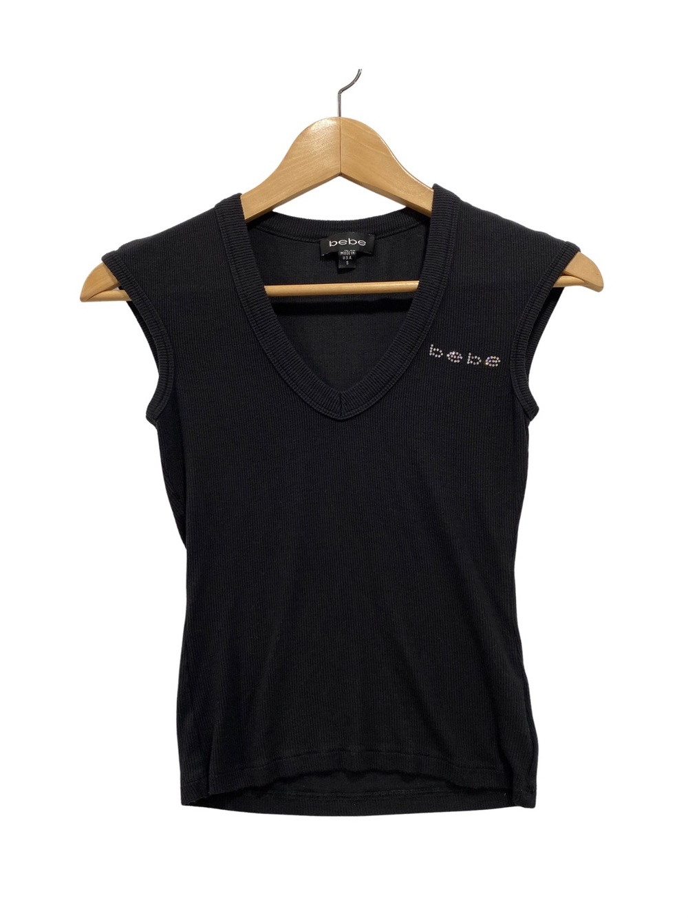 bebe Vintage Black Ribbed Rhinestone Logo Tank Top Women’s Small Made in USA